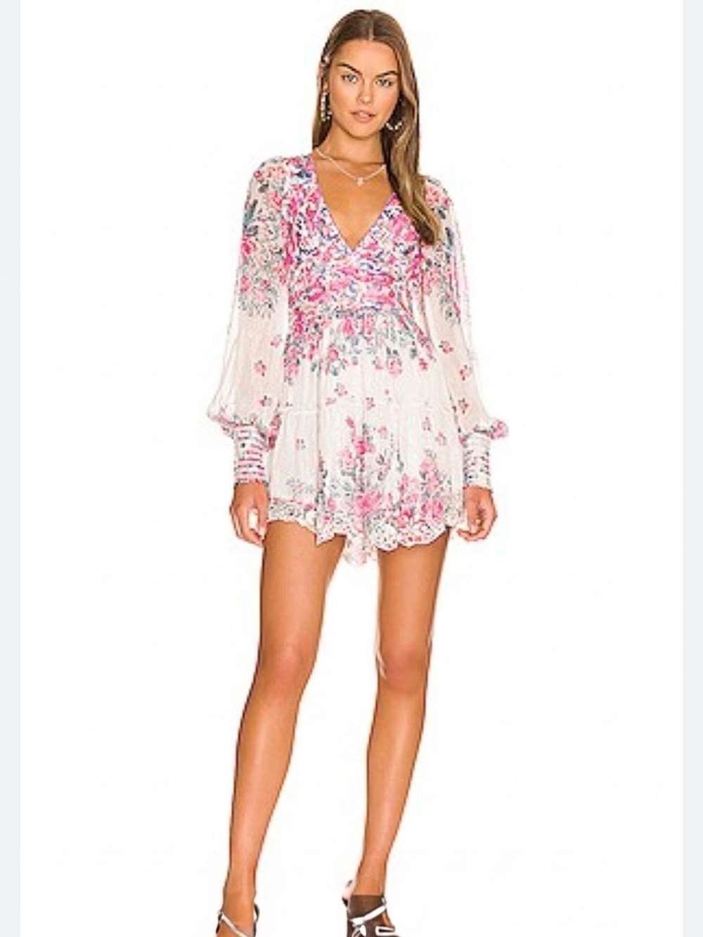 Hemant & Nandita Mila Pleated Floral Metallic Mini Dress Pink White L